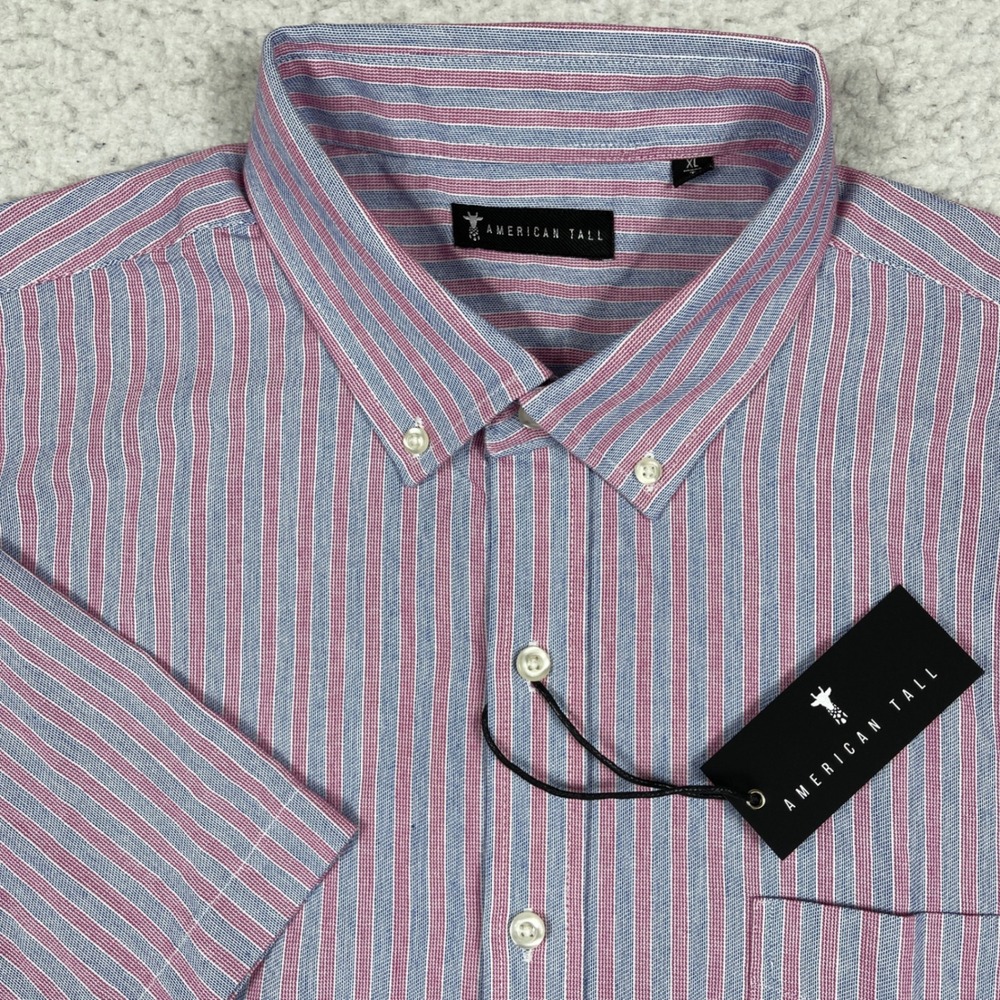 American Tall Button Down Shirt Men XL Tall Blue Red Striped Short Sleeve Cotton